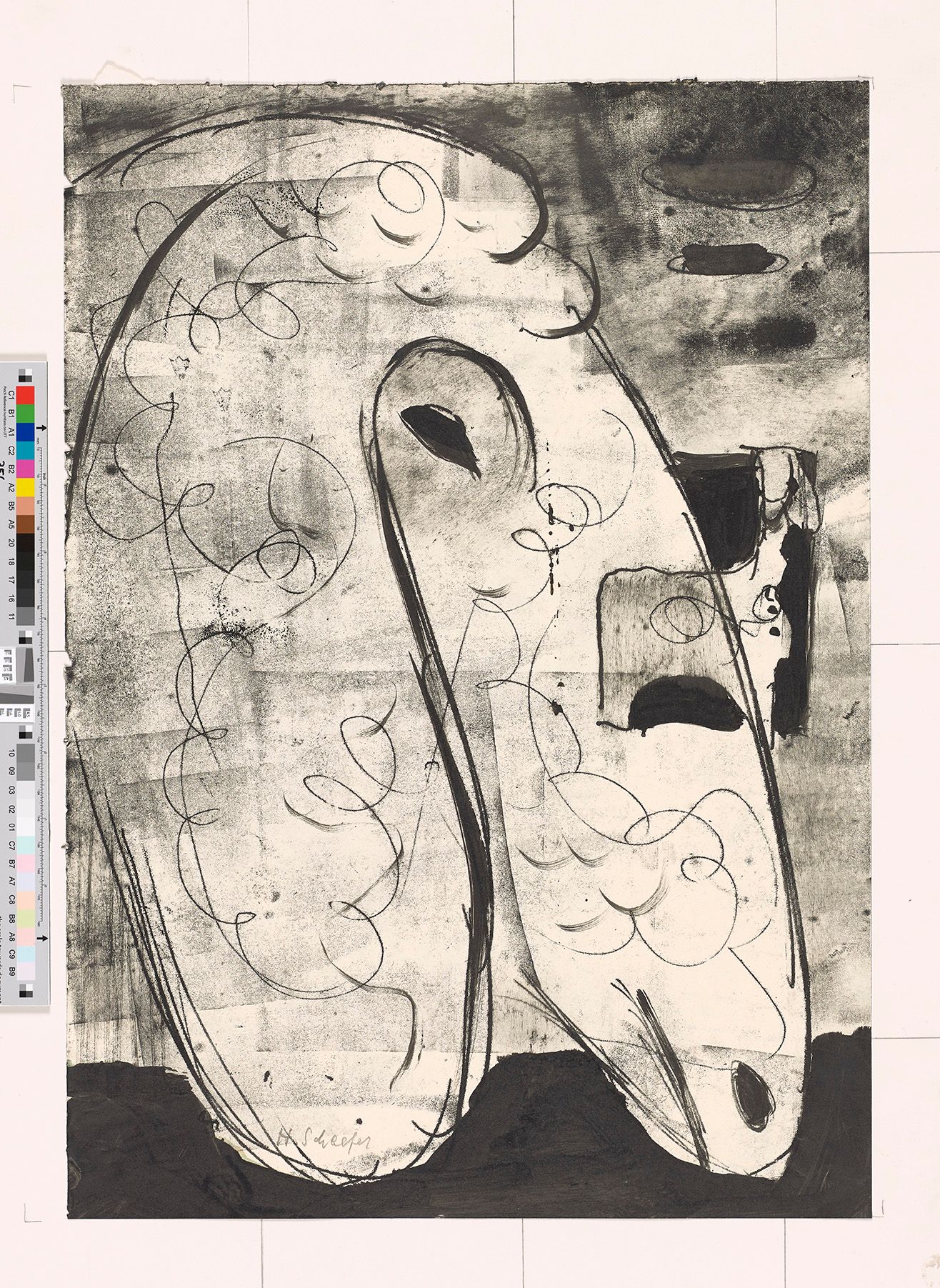 Abstrakte Darstellung eines Schafskopfes. Der Schafskopf ist im rechten Seitenprofil dargestellt. 