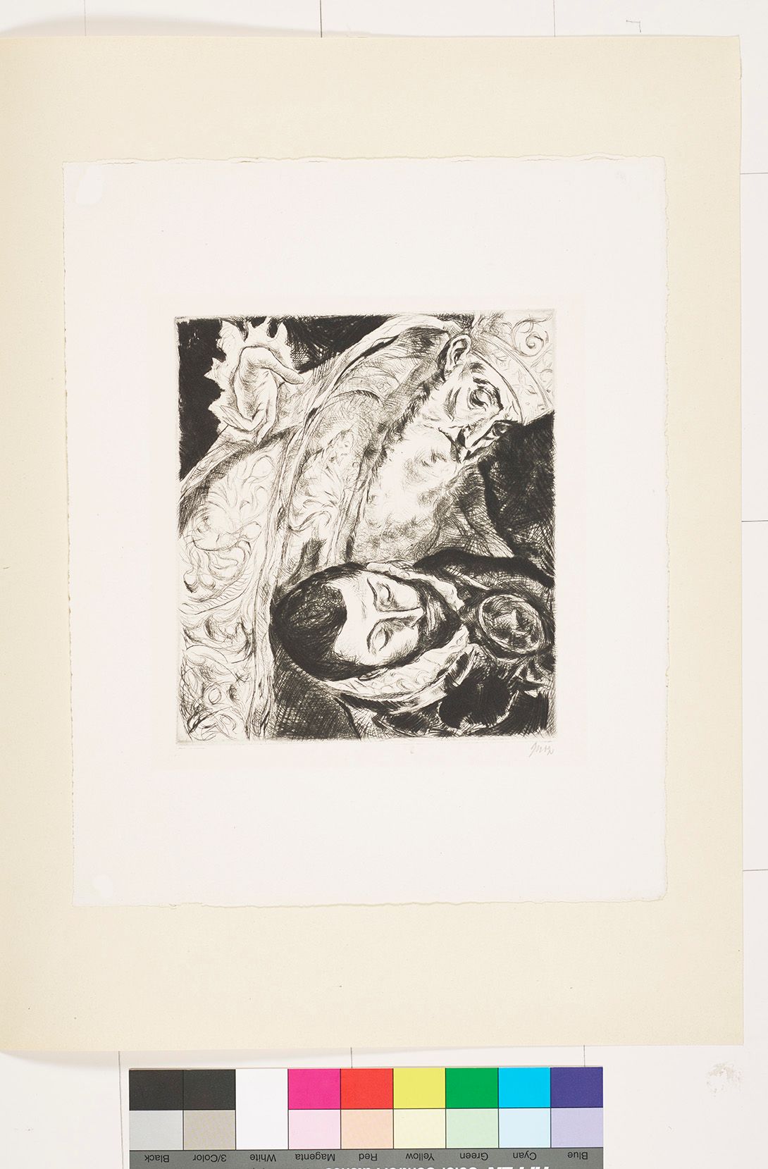 Radierung. Ein schwarz gekleideter Mann mit geschlossenen Augen im Schoß eines prächtig gekleideten geistlichen.