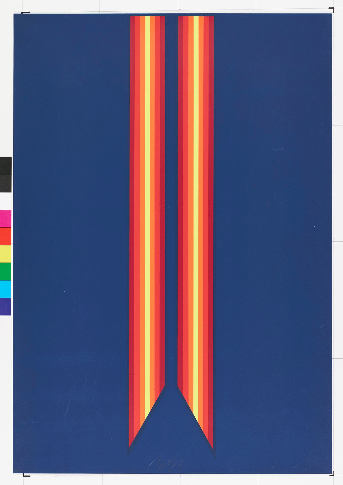 Optic-Art. Vertikale Balken mit schrägen Endungen, die ein Dreieck bilden. Die Balken sind in schmalere Balken mit Farbstufungen geteilt (Farben: rot, orange, gelb, dunkelblau).