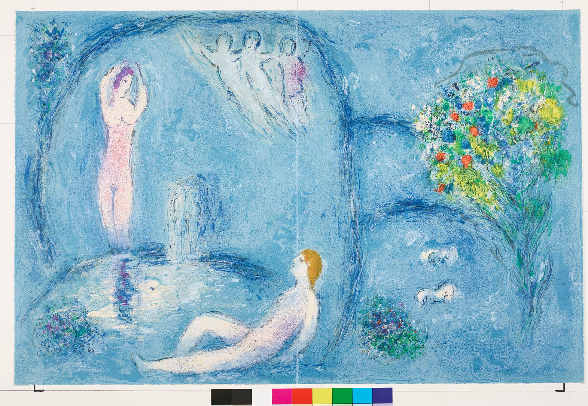 Abstraktes Bildmotiv. Zwei nackte Personen in einer blauen Höhle. Über ihnen sind drei kleine tanzende Figuren. Am rechten Bildrand ist ein Gebüsch.