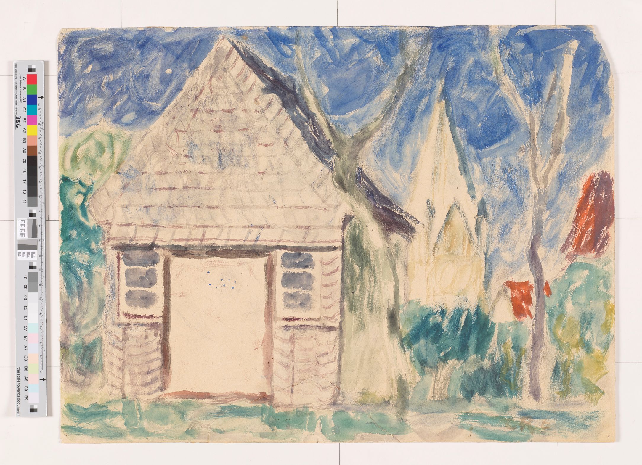 Aquarell eines Gartenhauses. Das Haus ist umgeben von Bäumen und anderen Pflanzen. 