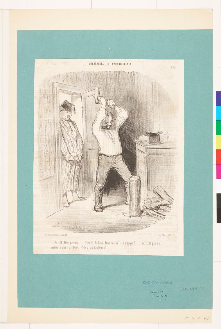 Zeichnung. Ein Mann, der an der Tür steht und ein Mann, der in einem Zimmer Holz zerkleinert.