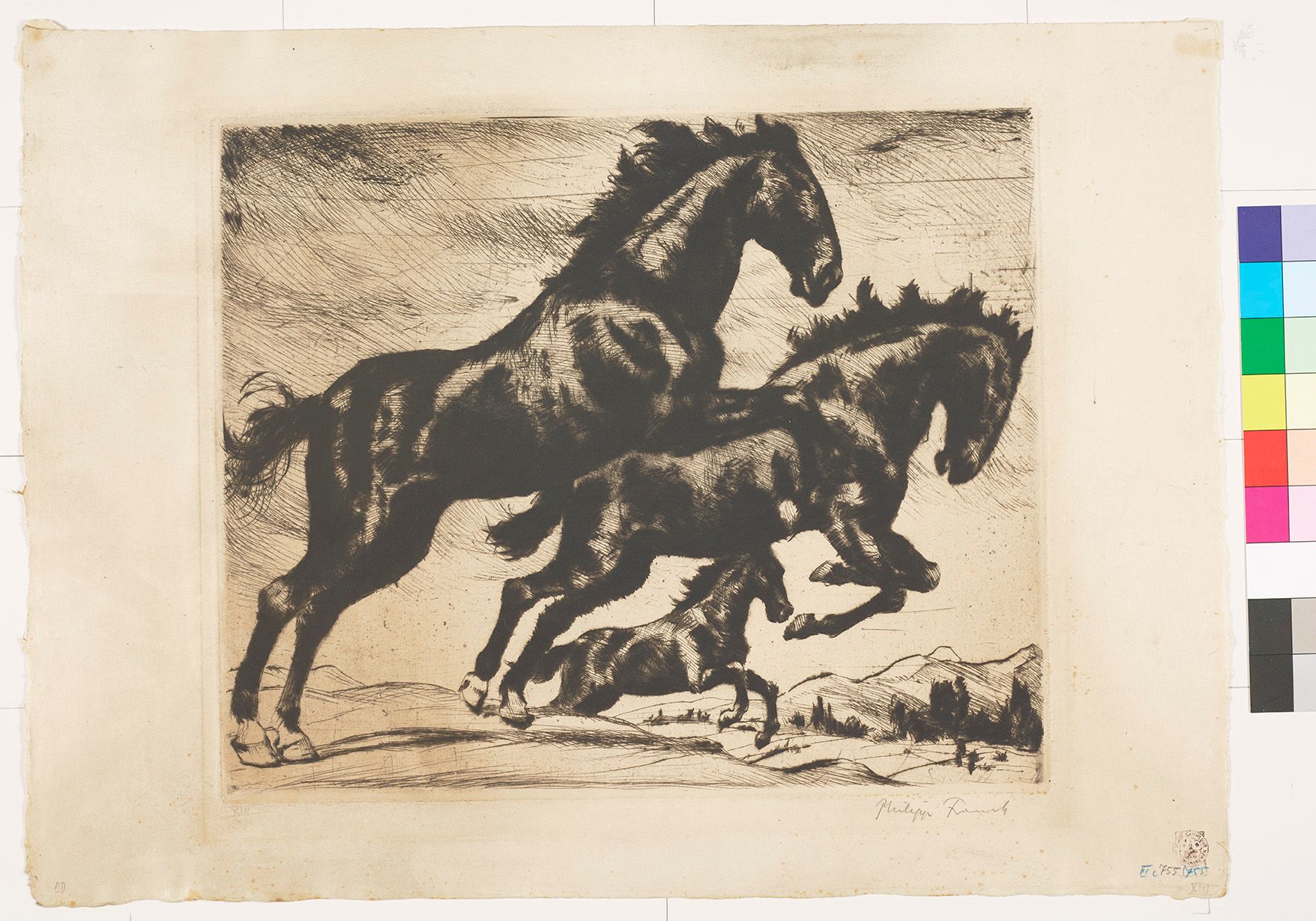 Radierung von drei Reitenden Pferden .