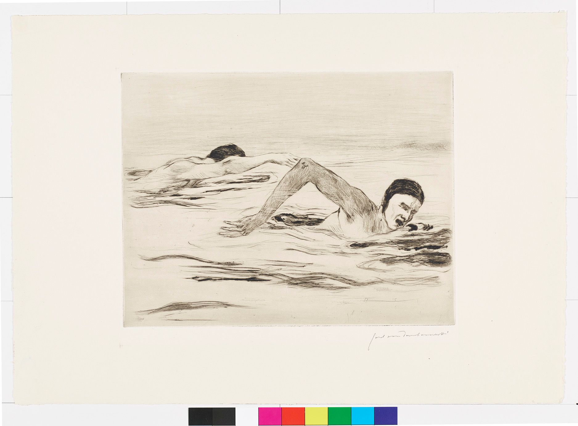 Zeichnung von zwei Männern beim Schwimmen.