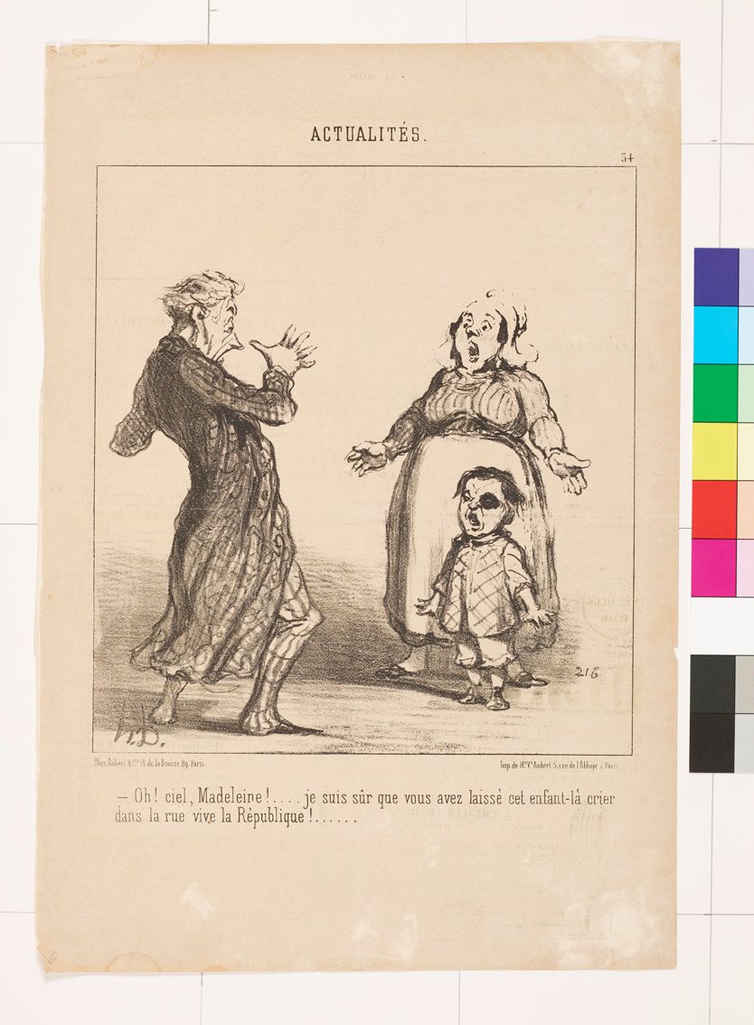 Zeichnung. Ein Mann, eine Frau und ein Kind schauen erschrocken einander an. Das Kind ist schwarz um das eine Auge herum.