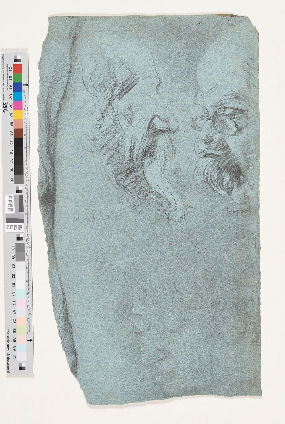 Kreidezeichnung. 3 Portraits im Profil dargestellt. Zwei Männer und eine Frau. 