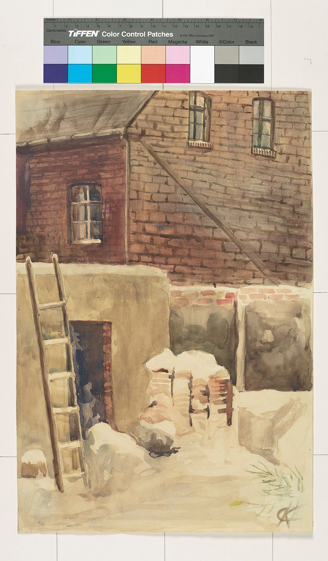 Die Gegenstände in einem etwas unordentlichen Hof sind von Schnee überdeckt. Link lehnt eine Leiter neben dem türlosen Eingang eines flachen Baus.  Hinter einer grauen Mauer ragt im Hintergrund ein Backsteinhaus mit drei sichtbaren Sprossenfenstern hervor.