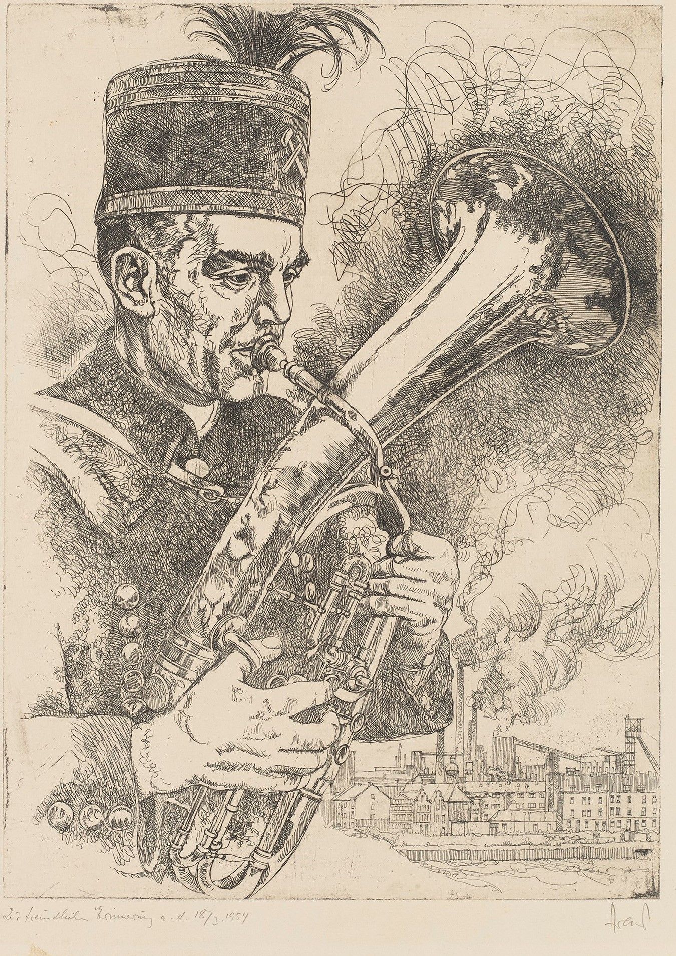 Portrait eines Mannes in Uniform, der eine Trompete spielt.