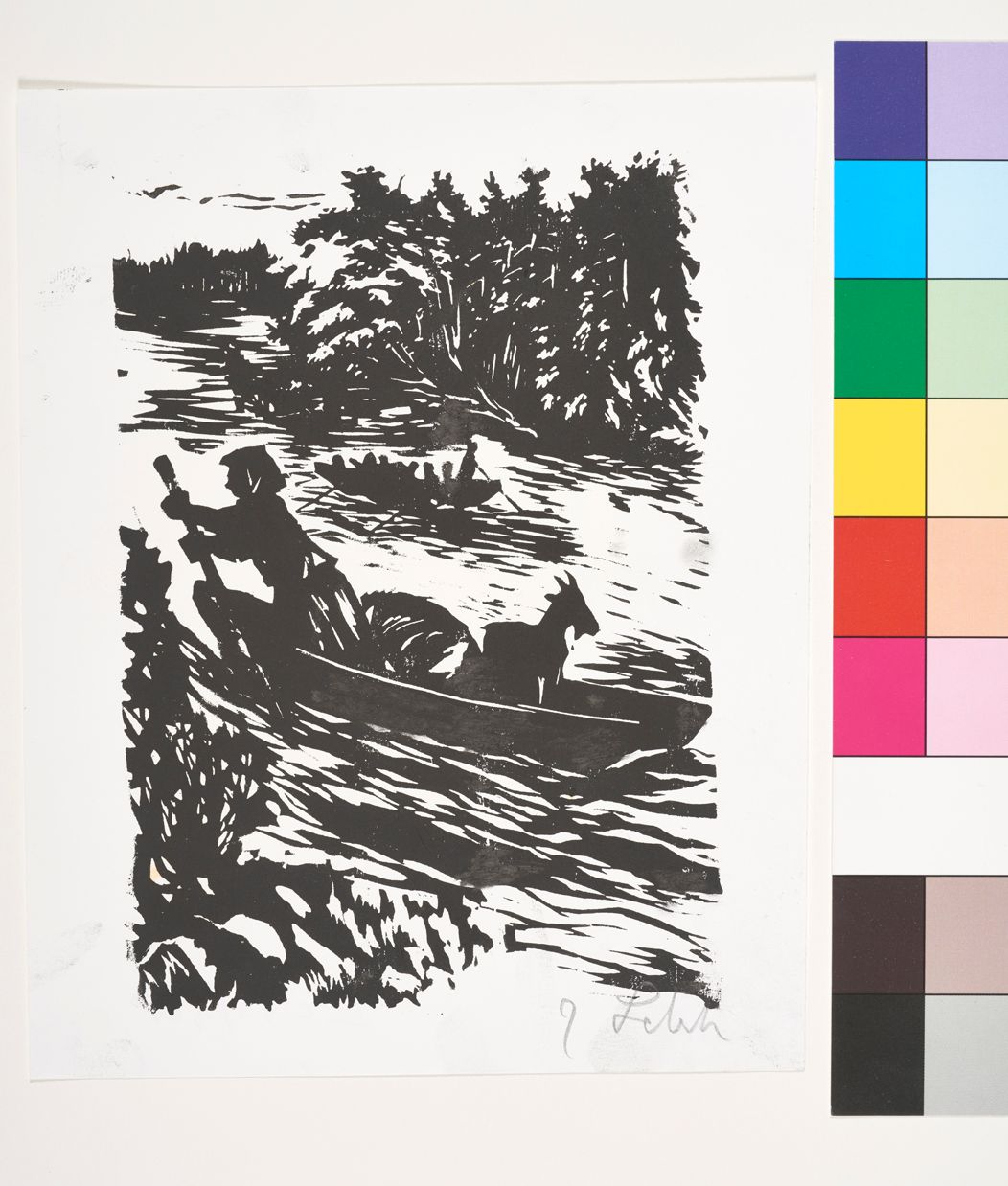 Zwei Kähne fahren die Stromschnellen eines Flusses hinunter. Der hintere ist voller Menschen, den vorderen, in dem auch ein Ziegenbock steht, steuert eine Frau mit einer Stange