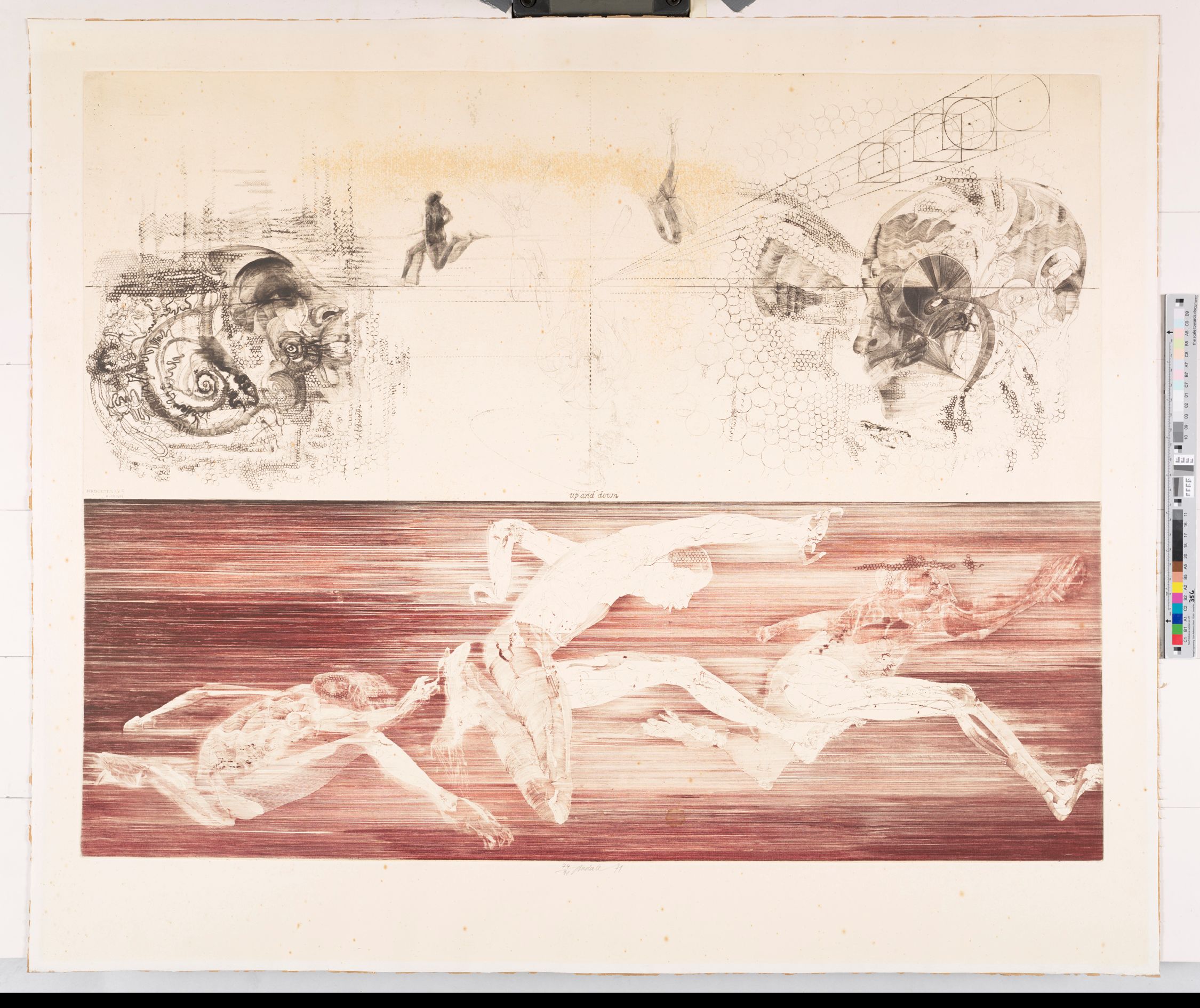 Abstraktes Bildmotiv. Vertikale Aufteilung mit zwei Gesichtern, die mit Ornamenten verziert sind. Und unten drei rennende Figuren.