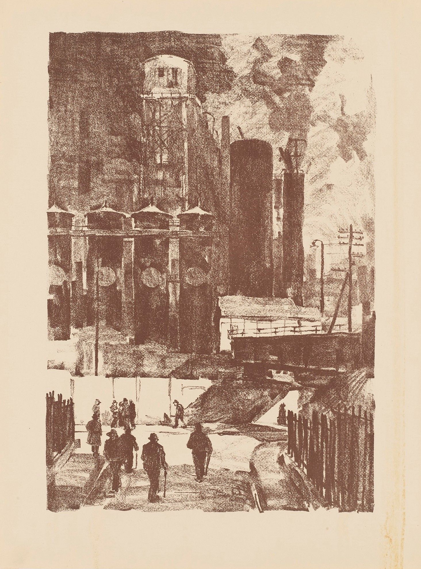 Stadtzeichnung mit Industriegebäude und spazierenden Menschen.