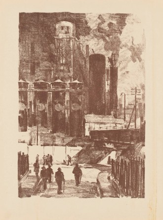 Stadtzeichnung mit Industriegebäude und spazierenden Menschen.