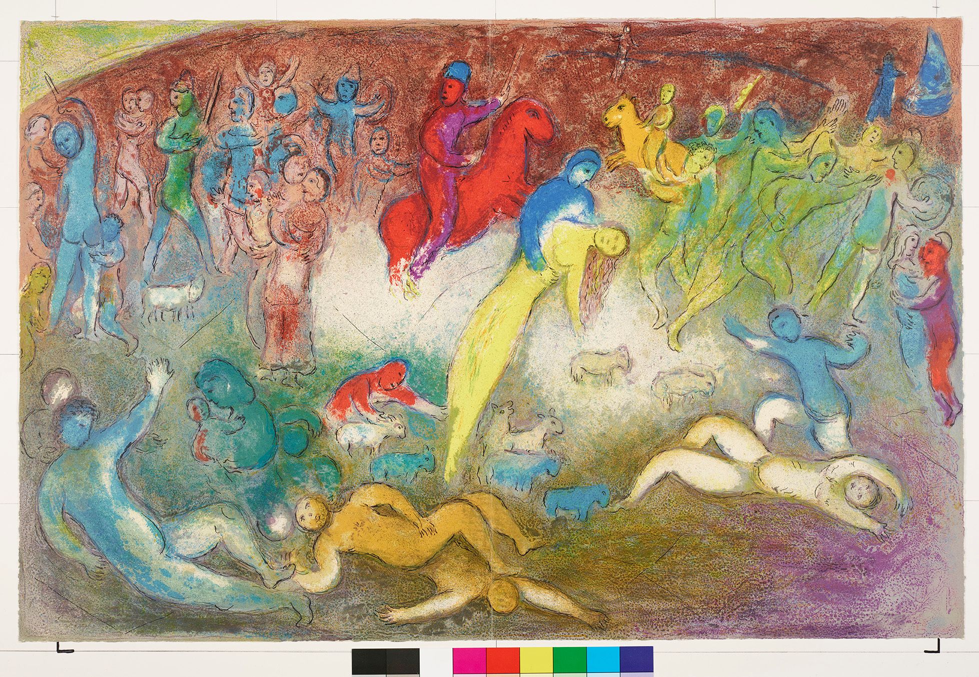 Abstraktes Bildmotiv. In der Mitte steht ein Mann mit einer Frau im Arm. Hinter ihnen ist ein Reiter mit einem Schwert in der Hand. Um sie herum ist eine Menschenmenge in dynamischer Bewegung. Am unteren Bildrand liegen viele Personen auf dem Boden.