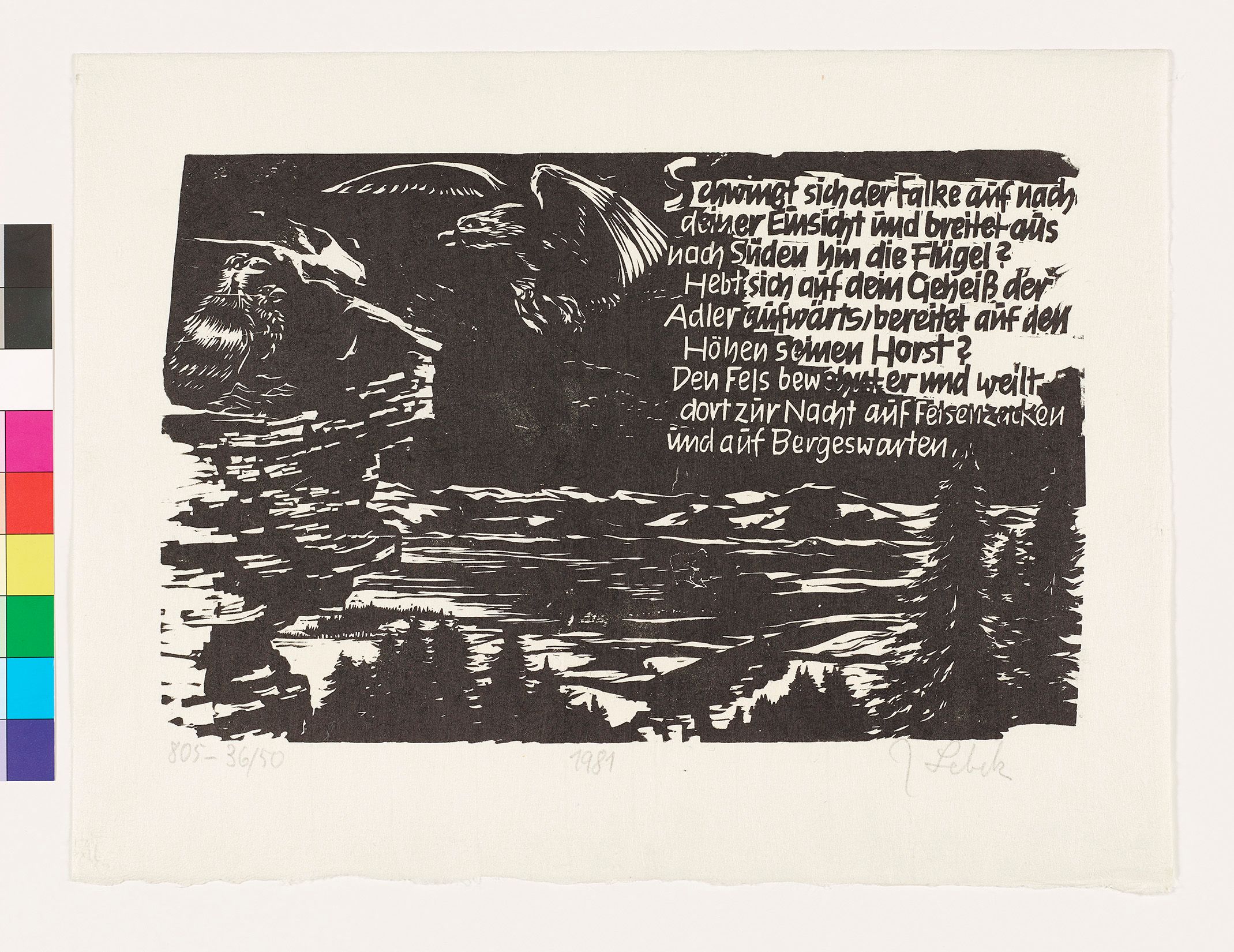 Auf einem Felsgrad hoch über einer Landschaft sitzen zwei Adler und blicken auf einen dritten der grade auf sie zugeflogen kommt. Auf der rechten Bildseite steht der Text: Schwingt sich de Falke auf nach deiner Einsicht und breitet nach Süden hin die Flügel? Hebt sich auf dein Geheiß der Adler aufwärts, bereitet auf den Höhen seinen Horst? Den Fels bewegt er und weilt dort zur Nacht auf Felsenzacken und auf Bergeswarten.