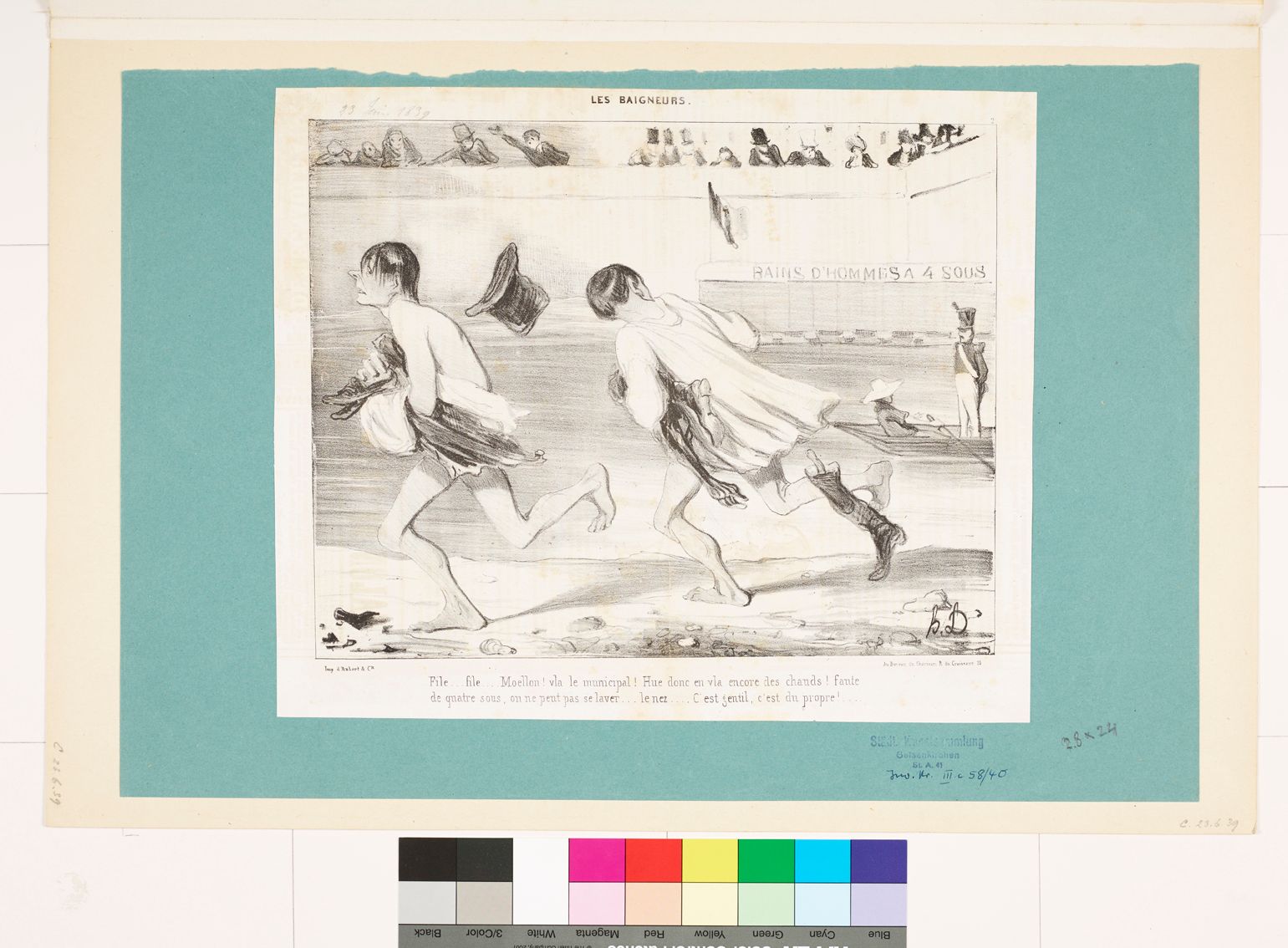 Zeichnung. Zwei halbnackte Männer, die wegrennen. Im Hintergrund ist ein Fluss mit einem Boot und eine Menschenmenge.