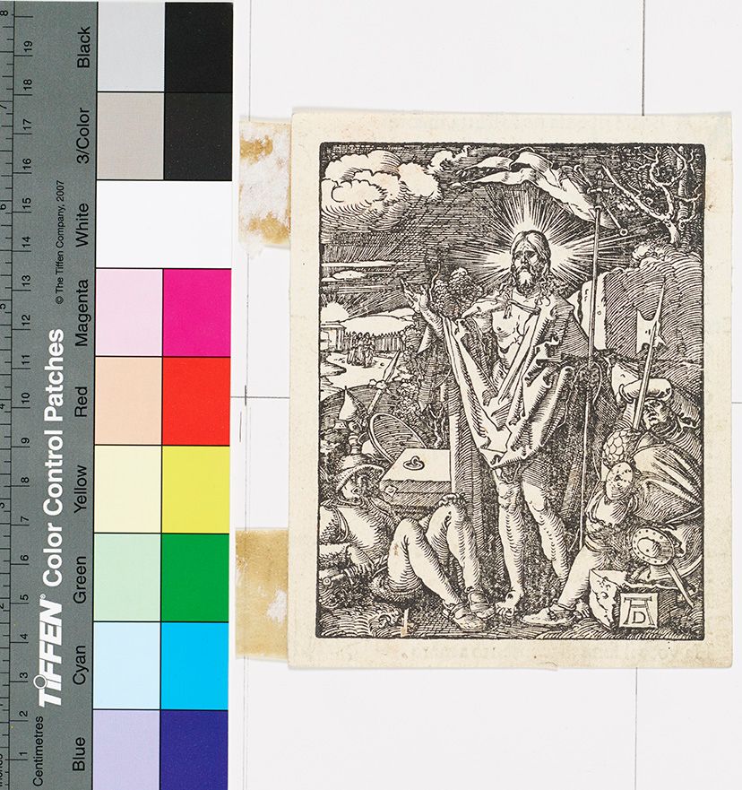 Kupferstich. Auferstehung Christi. Jesus steht in der Mitte mit einem Heiligenschein. Links und rechts sind drei Soldaten am Boden.