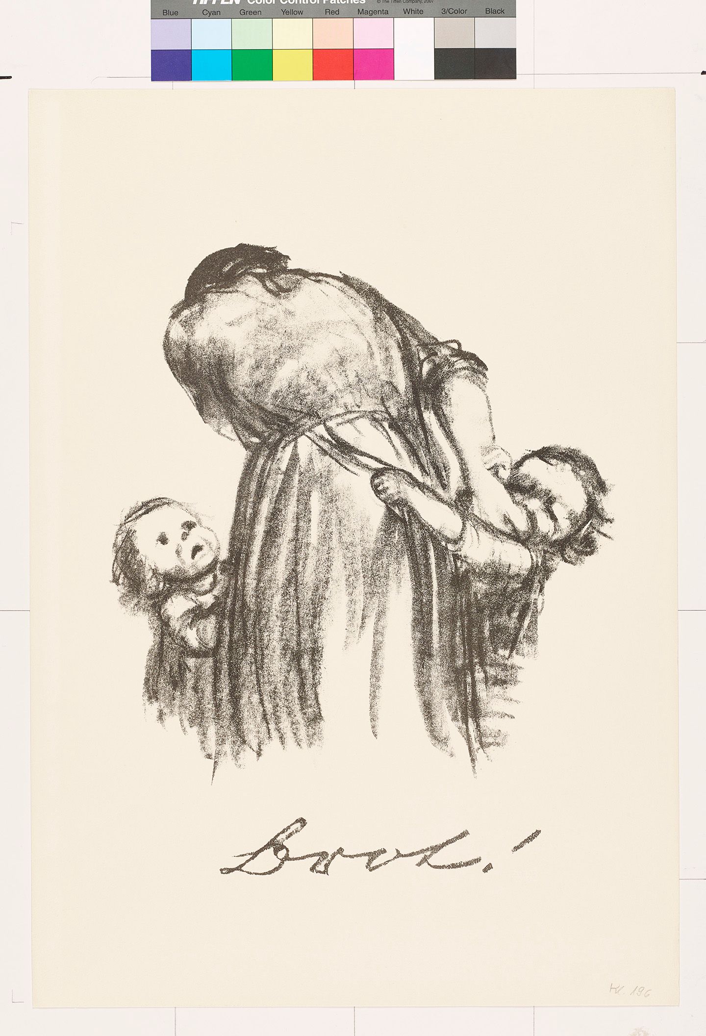 Eine Frau in einem Kleid und mit Schürze ist in Rückenansicht zu sehen. Zwei Kinder ziehen an ihrem Rock und blicken leidend zu ihr hinauf. Unterschrieben mit dem Ausruf "Brot!" wird deutlich, daß die Kinder hungern. Der linke Arm der Frau ist nicht zu sehen; im Kontext ist zu vermuten, dass sie mit der Hand im Gesicht um Fassung ringt.