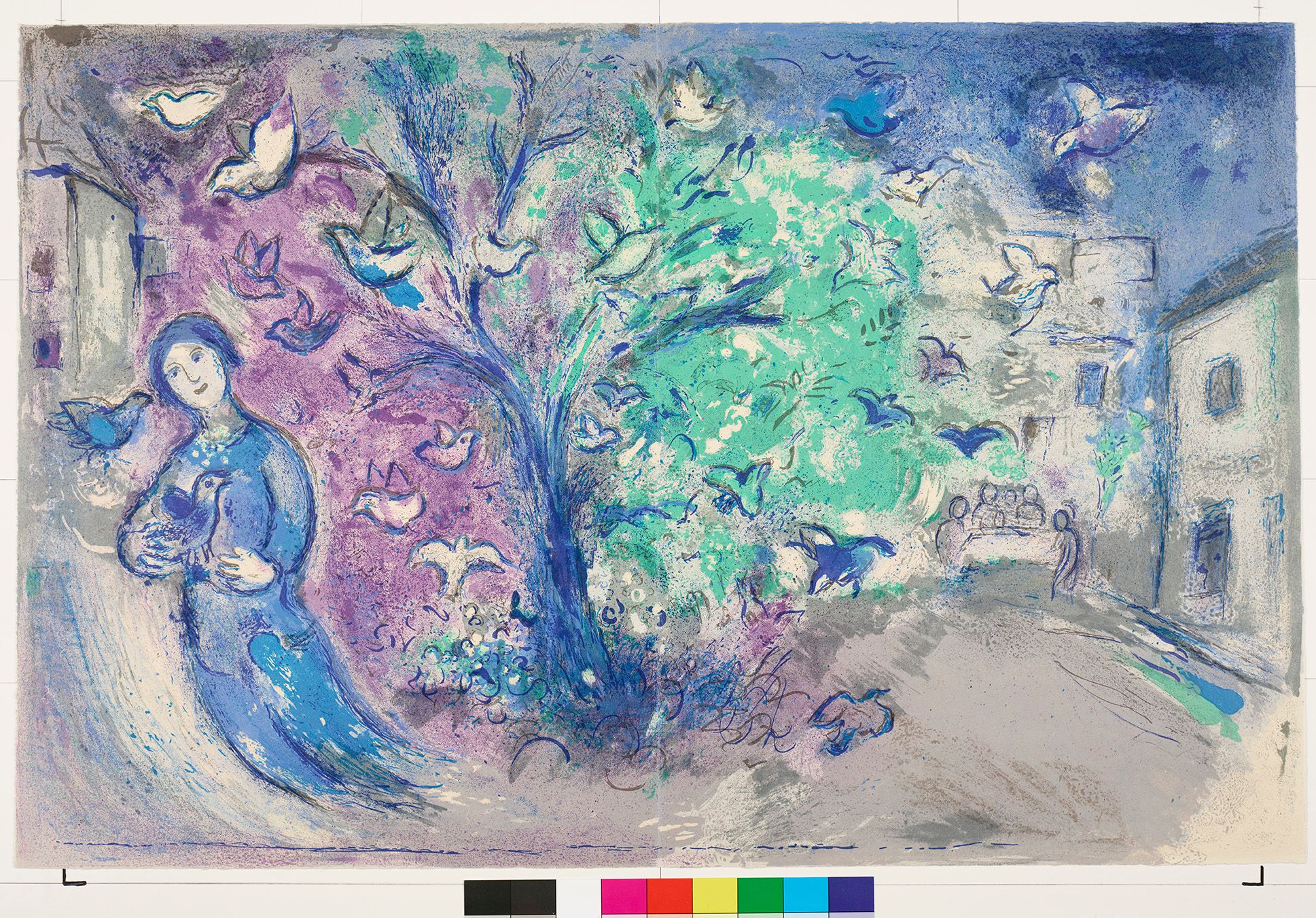 Abstraktes Bildmotiv. In der Mitte ist ein großer blauer Baum mit vielen Tauben. Links neben dem Baum steht eine Frau mit einer Taube in der Hand. Links vom Baum ist der Hintergrund violett und rechts vom Baum ist es türkis.