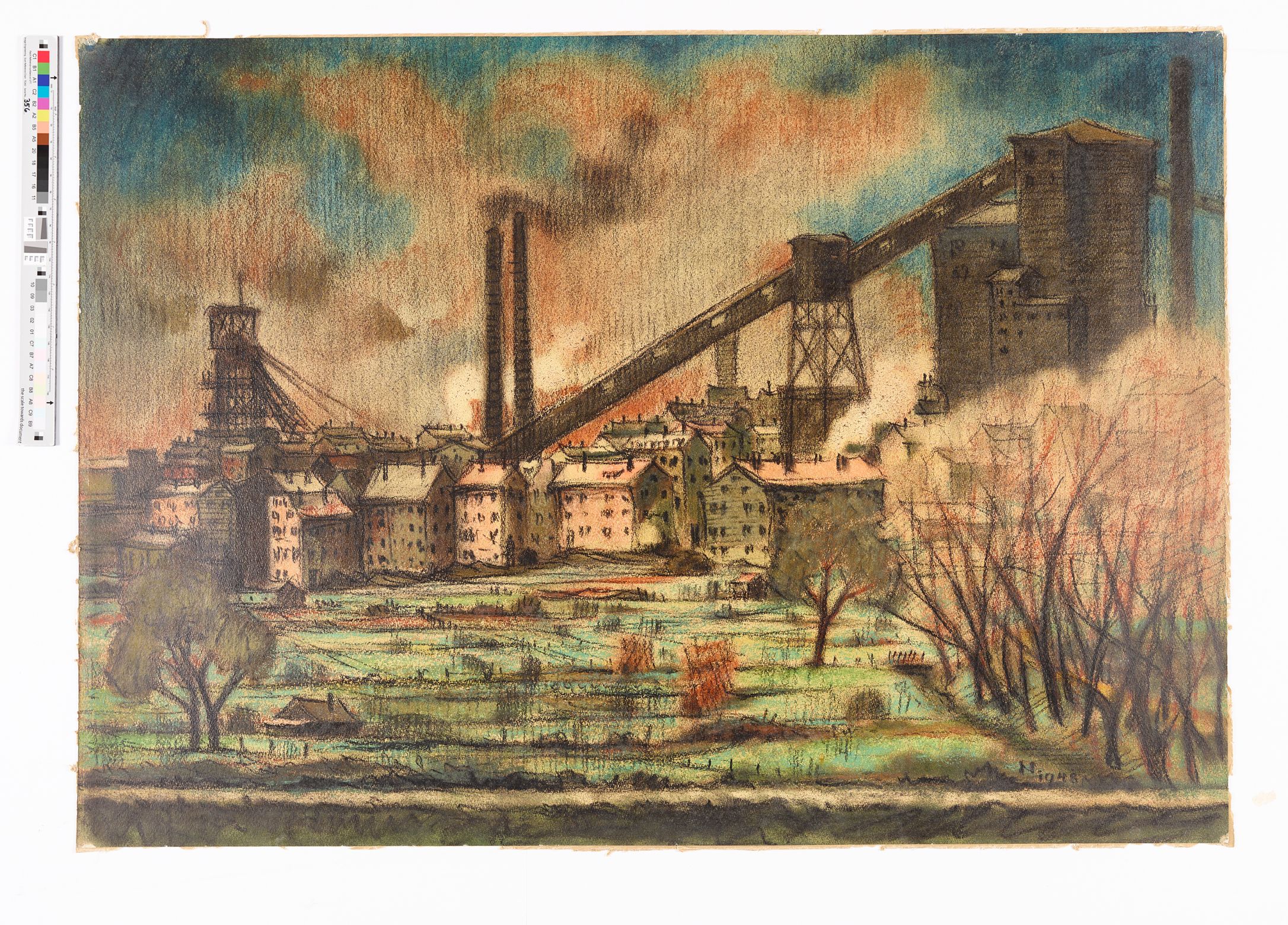 Industrie-Landschaft mit Wiesen und Bäumen im Vordergrund. Vor den Fördertürmen befinden sich mehrer Häuser. 