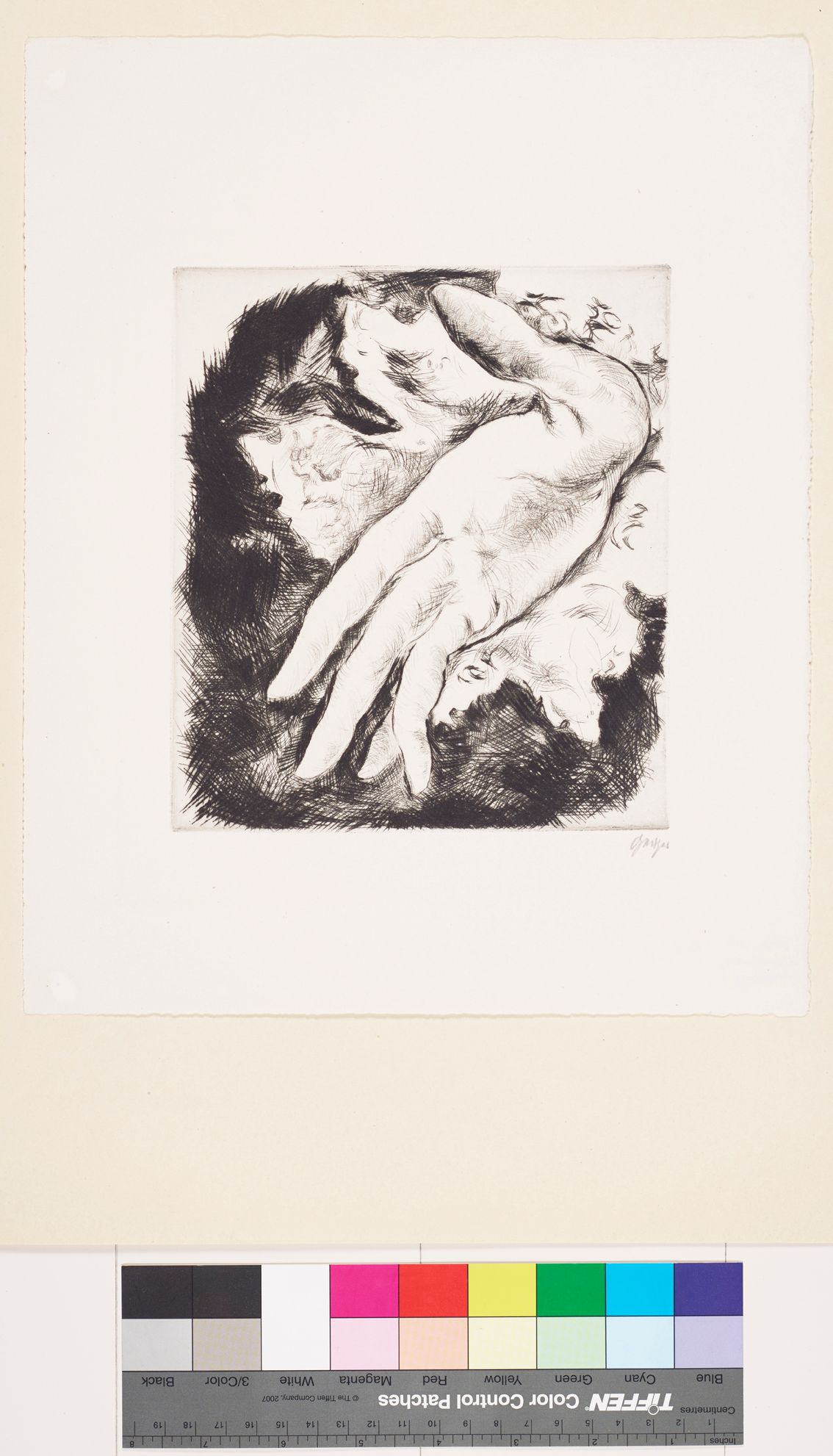 Radierung. Eine ausgestreckte Hand mit Rüschenärmel auf schwarzem Untergrund.