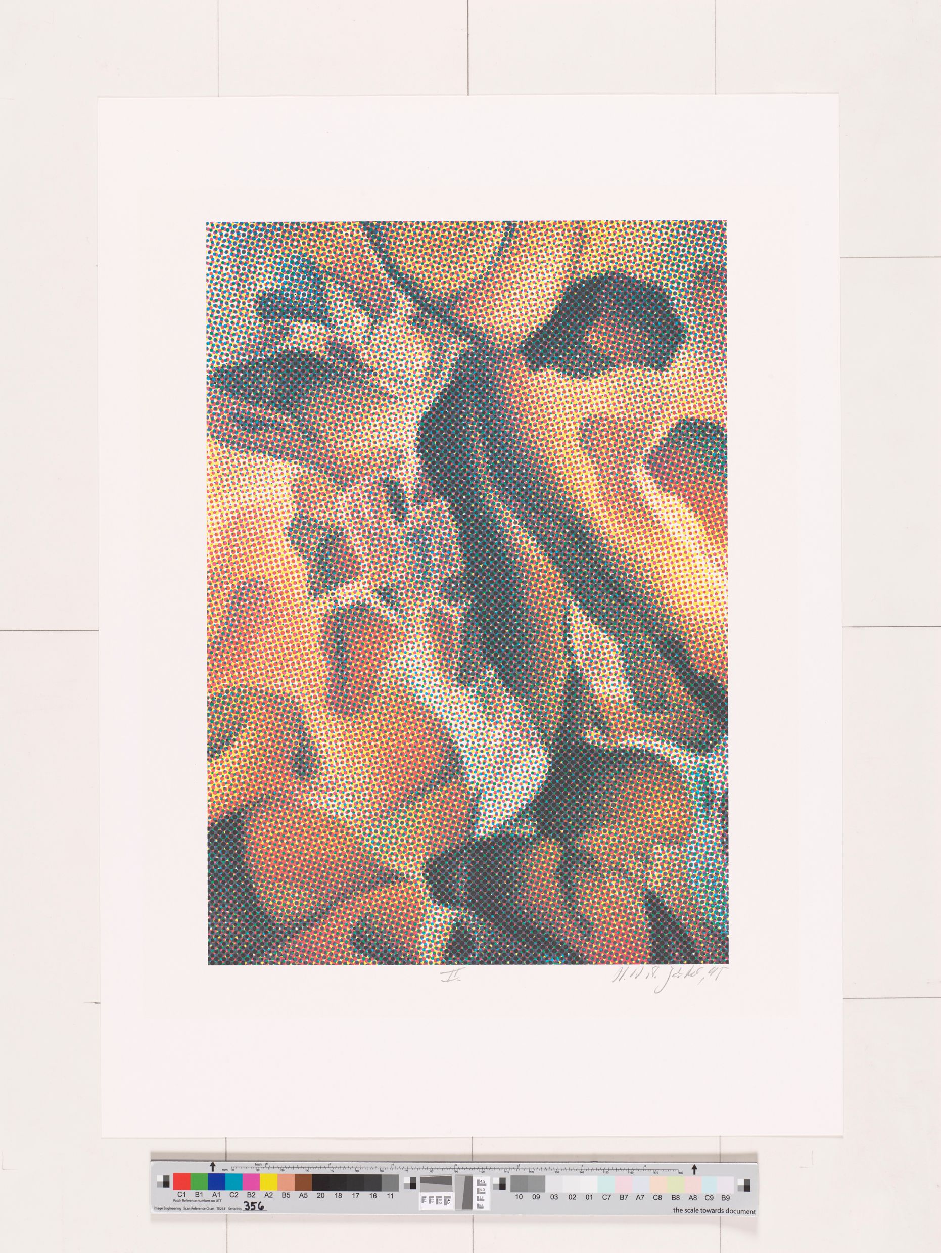 Abstraktes Bildmotiv. Eckige und verschachtelte Formen mit warmer Schattierung. Auf dem Obergrund sind regelmäßige, kleine Formen, die wie OP-Art wirken. (Farben: Braun, orange, gelb, schwarz, grau, violett, blau).