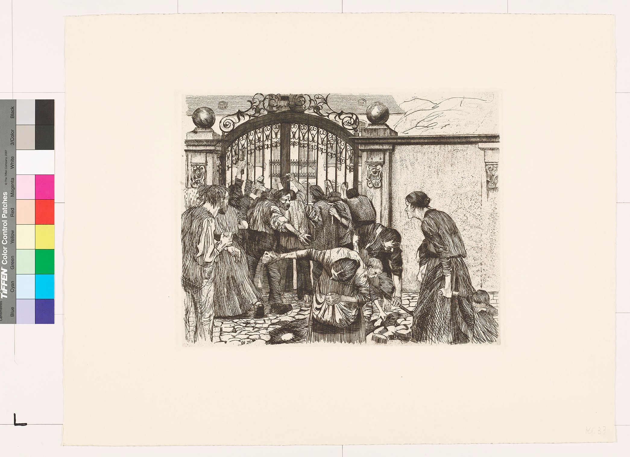 Eine aufgebrachte Menge von Arbeitern steht vor dem verschlossenen Tor eines herrschaftlichen Anwesens, dessen Jalousinen heruntergelassen sind. Die Arbeiter schütteln zornig die Fäuste, halten Beile und Arbeitshammer in der Hand. Im Vordergrund bricht eine Gruppe von drei Personen das Kopfsteinpflaster auf; die Steine werden von einer Frau in ihrer Schürze gesammelt. Von rechts betritt eine weitere Frau die Szene. Sie hat ein Kleinkind auf dem Arm und  zieht ein weinendes Mädchen am Arm mit sich.