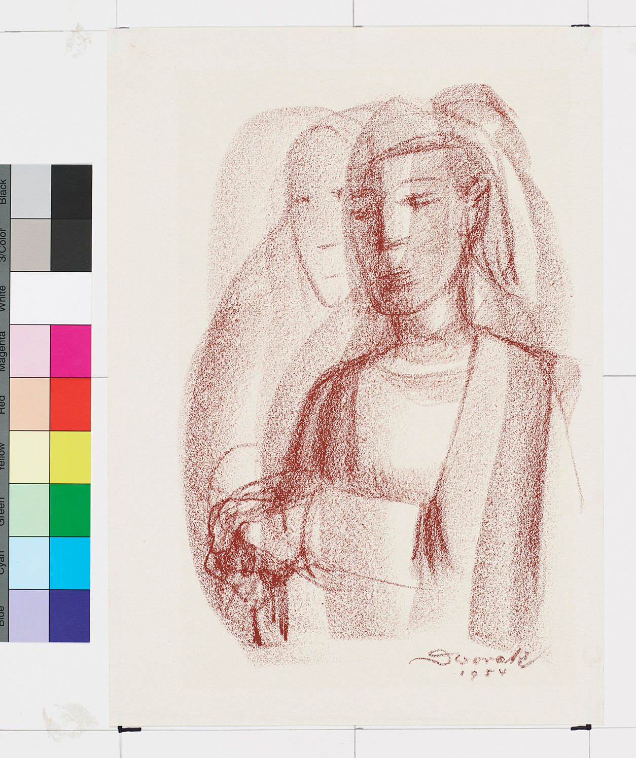 Zeichnung. Eine Frau und ein Mann hinter ihr. 