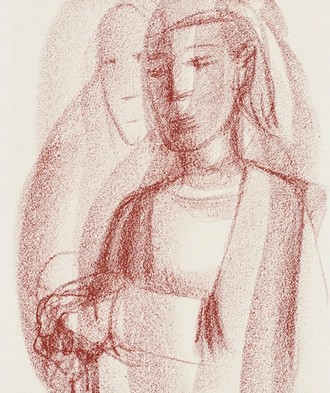 Zeichnung. Eine Frau und ein Mann hinter ihr.