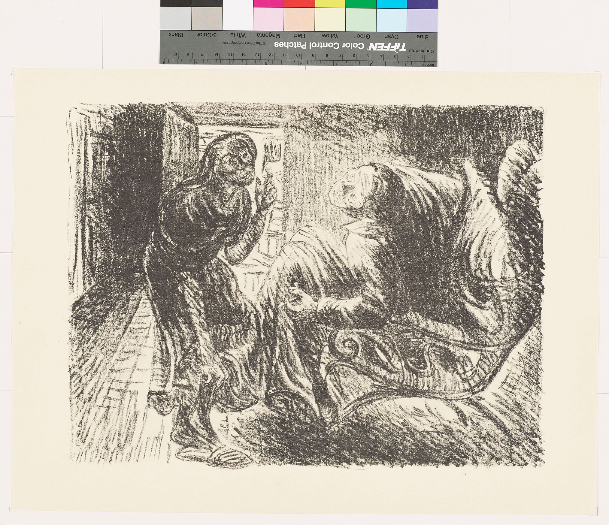 Skizze. Eine alte Frau sitzt in einem Sessel. Sie hat eine Zigarette in der Hand. Vor ihr steht eine weitere Frau.