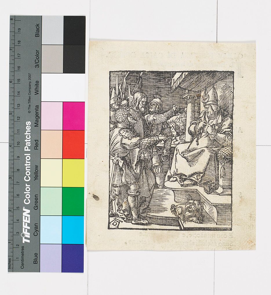 Kupferstich. Jesus wird von zwei Soldaten begleitet und steht vor dem sitzenden Kaiphas.