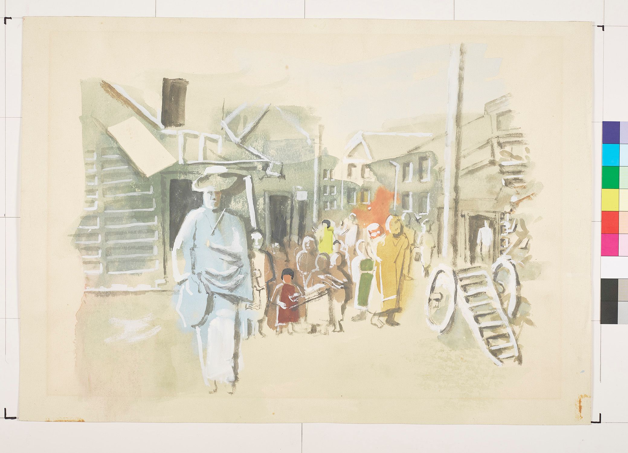 Abstrakte Bilddarstellung eines Dorfes. Eine Person im Vordergrund mit hellblauer Kleidung. Im Hintergrund ist eine Menschenmenge, die ihn beobachtet.