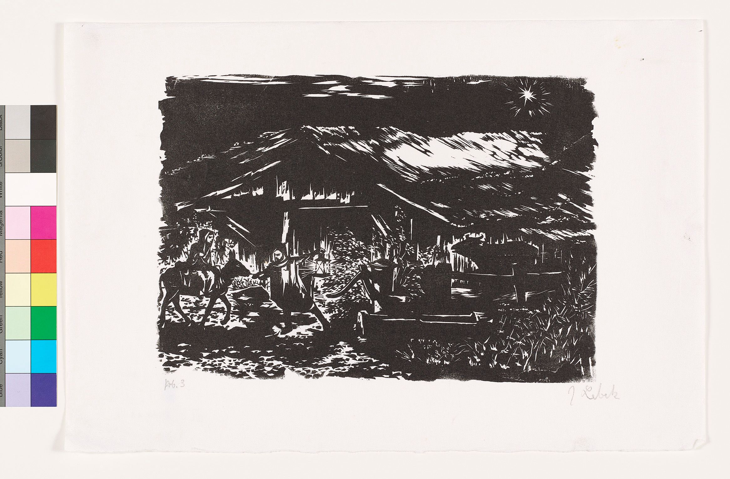 Maria reitet auf einem Esel, de von Josef am Halfter geführt wird. Mit einer Laterne beleuchtet er das Tor eines Stalls. Rechts ist im Schatten ein Rind zu erkennen.