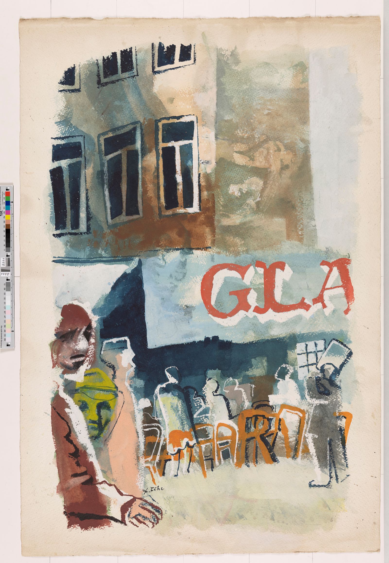 Abstrakte Bildgestaltung. Ein Café und ein Gebäude darüber. Links im Vordergrund laufen Personen. 