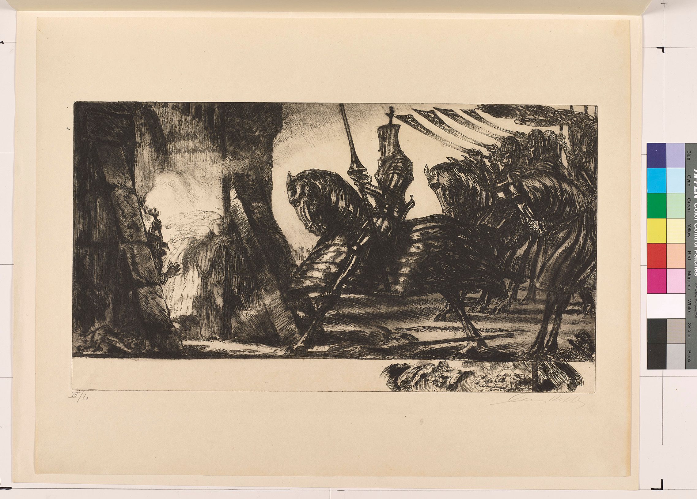 In einer Szene aus Macbeth stehen eine Person mit eine Fackel und eine Frau in Hofgewand in einem höhlenartigen Tor und blicken auf einen Ritter in voller Rüstung und mit erhobener Lanze auf einem gepanzerten Pferd, der ihnen gegenüber steht. Hinter ihm sind einige weitere Reiter zu erkennen, von denen vier in Hörner blasen.