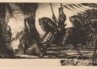 In einer Szene aus Macbeth stehen eine Person mit eine Fackel und eine Frau in Hofgewand in einem höhlenartigen Tor und blicken auf einen Ritter in voller Rüstung und mit erhobener Lanze auf einem gepanzerten Pferd, der ihnen gegenüber steht. Hinter ihm sind einige weitere Reiter zu erkennen, von denen vier in Hörner blasen.