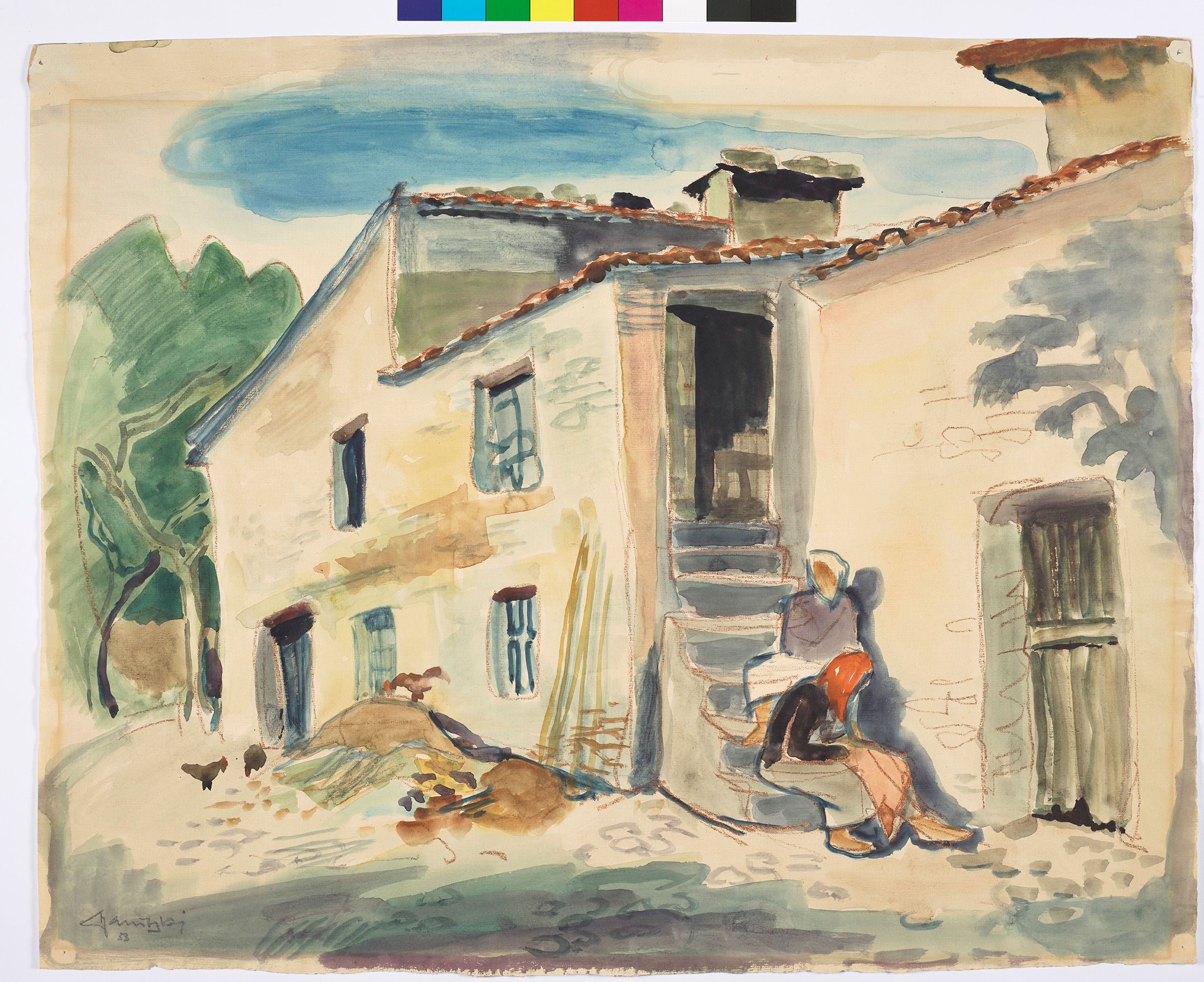 Aquarell eines italienischen Bauernhauses. Das Bauernhaus ist von der Seite abgebildet. An der Fassade des Hauses ist ein Heuhaufen mit mehreren Hühnern zu sehen. Außerdem befindet sich eine Treppe zum Hauseingang an der Seite. Auf der Treppe sitzen zwei Personen.   