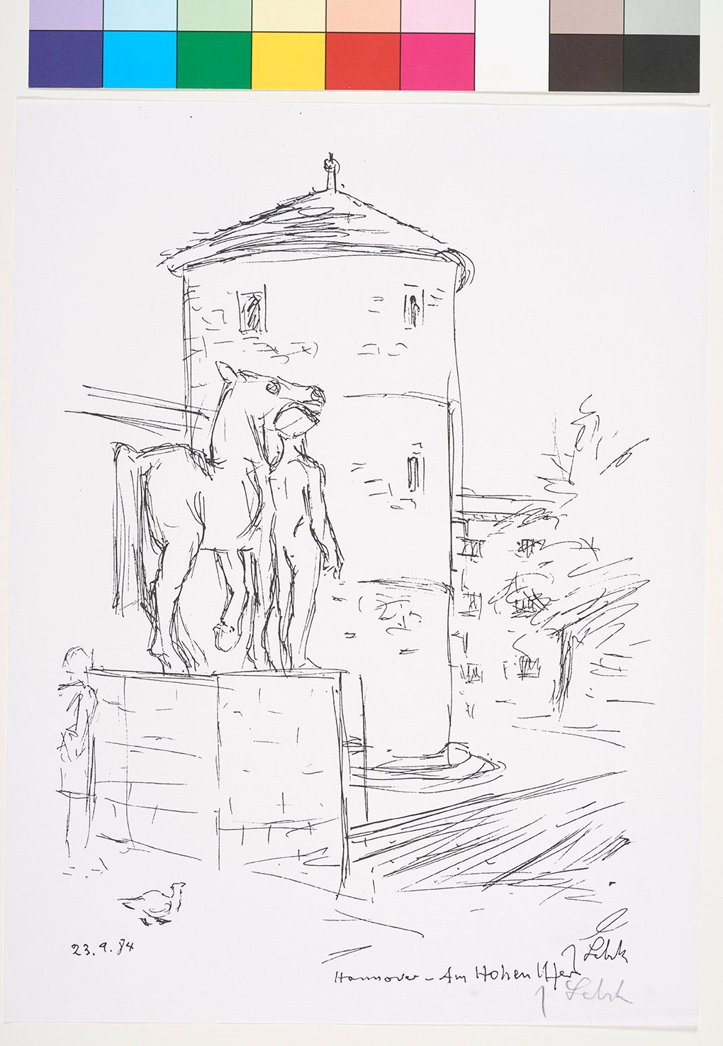 Skizze der Skulptur "Mann mit Pferd" von Hermann Scheuernstuhl am Hohen Ufer in Hannover. 