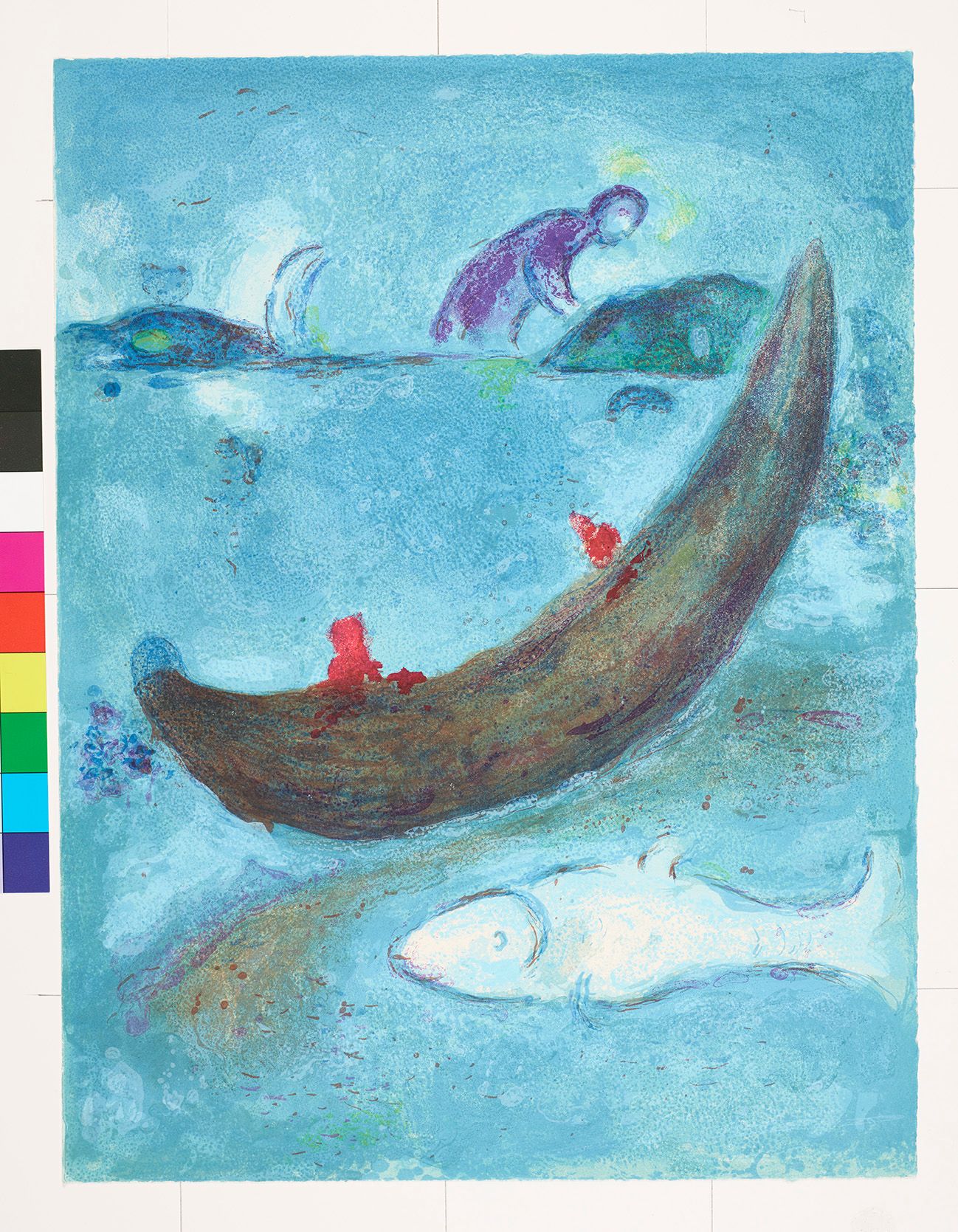 Abstraktes Bildmotiv auf blauem Untergrund. Ein großes Boot mit zwei Personen. Unter dem Boot ist ein riesiger Fisch. Am Horizont steht eine große Person.