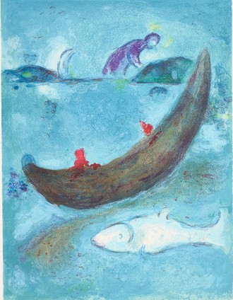 Abstraktes Bildmotiv auf blauem Untergrund. Ein großes Boot mit zwei Personen. Unter dem Boot ist ein riesiger Fisch. Am Horizont steht eine große Person.