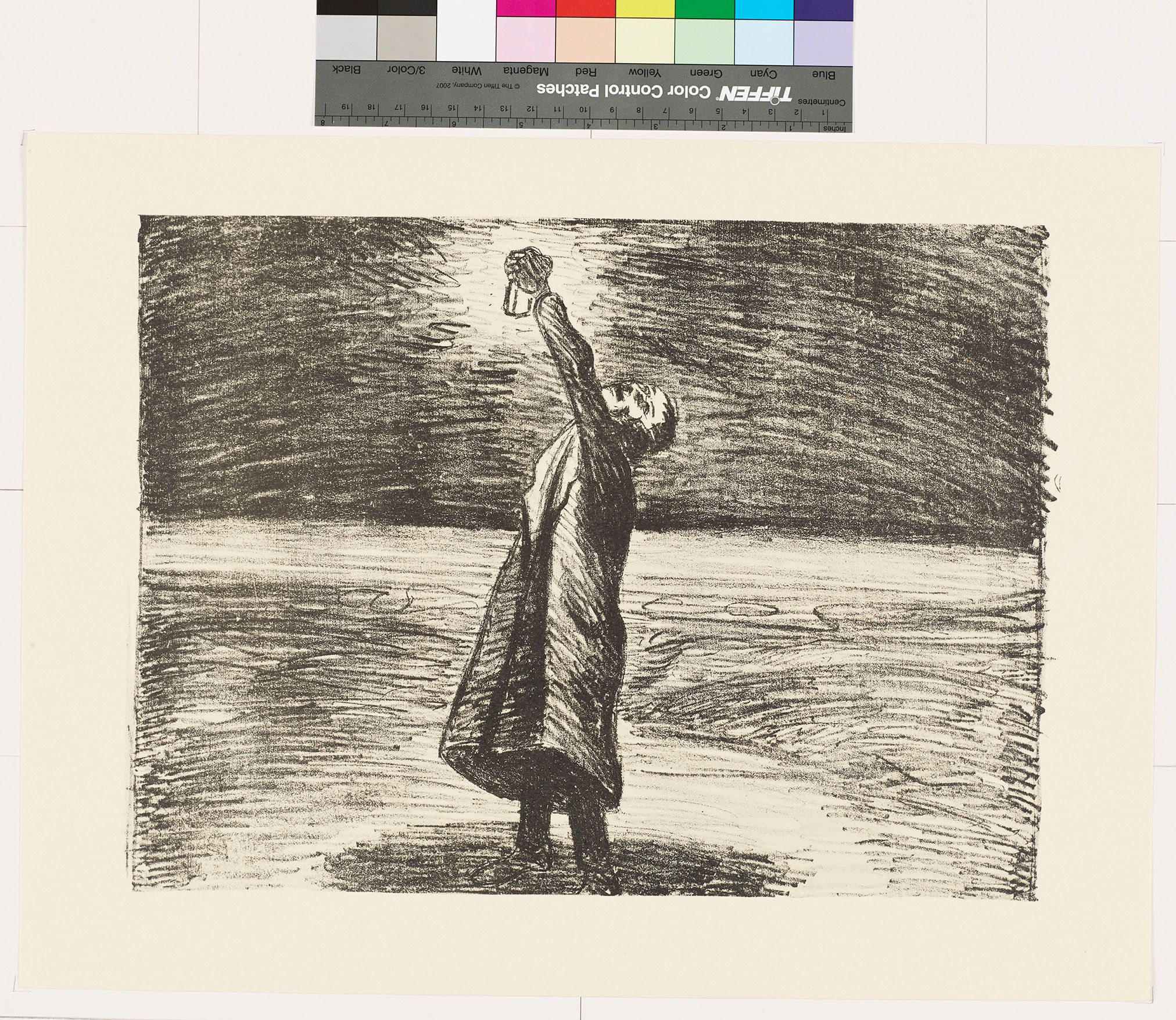 Skizze. Ein Mann, der eine Laterne hochhält. 