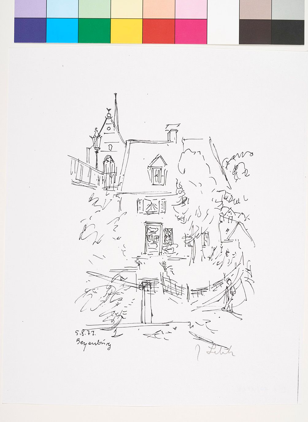 Schnelle Skizze eines Blicks über einen Garten aus ein Haus.