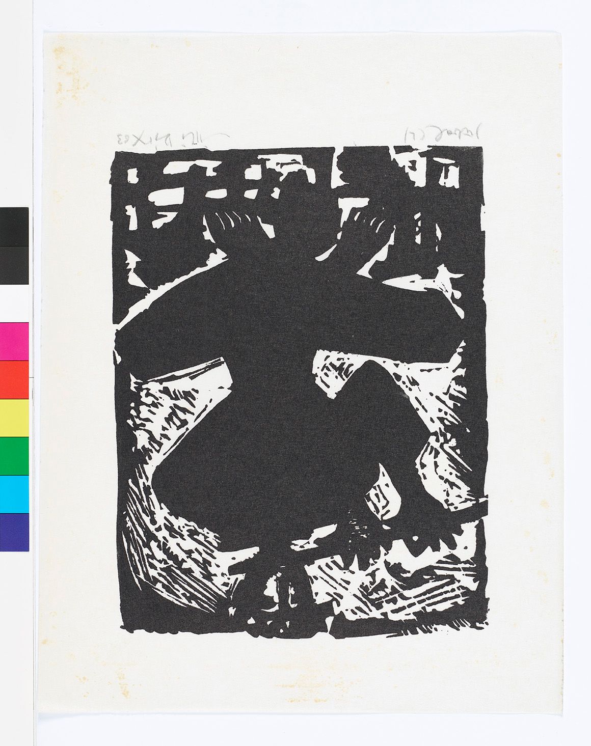 Abstraktes Bildmotiv. Eine Figur im Kopfstand mit einer Flöte und Beine im Schneidersitz. Schwarz-weiß.