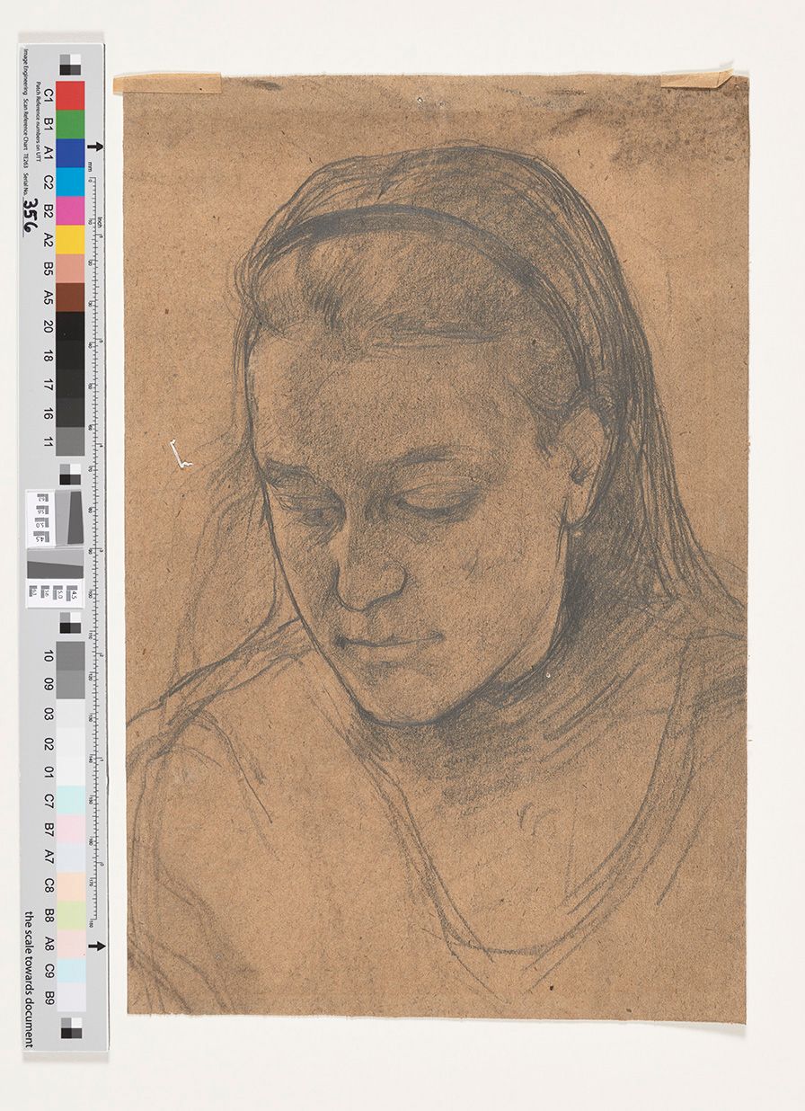 Frauenportrait. Bleistift Zeichnung. Abgebildete Frau schaut in die linke untere Ecke des Bildes. 