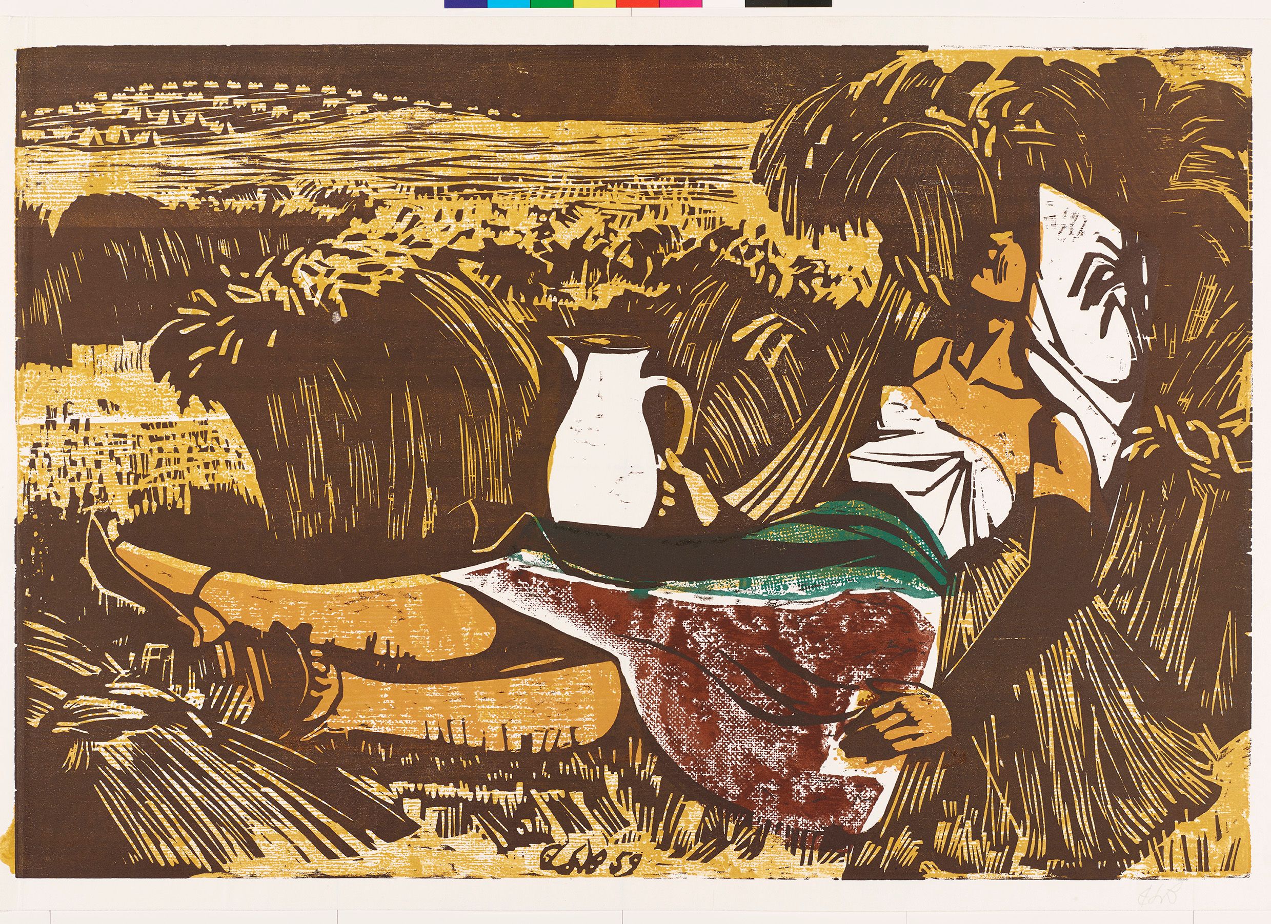 Abstraktes Bildmotiv. Eine halb liegende Frau in einem Weizenfeld mit einem Wasserkrug in der Hand. 