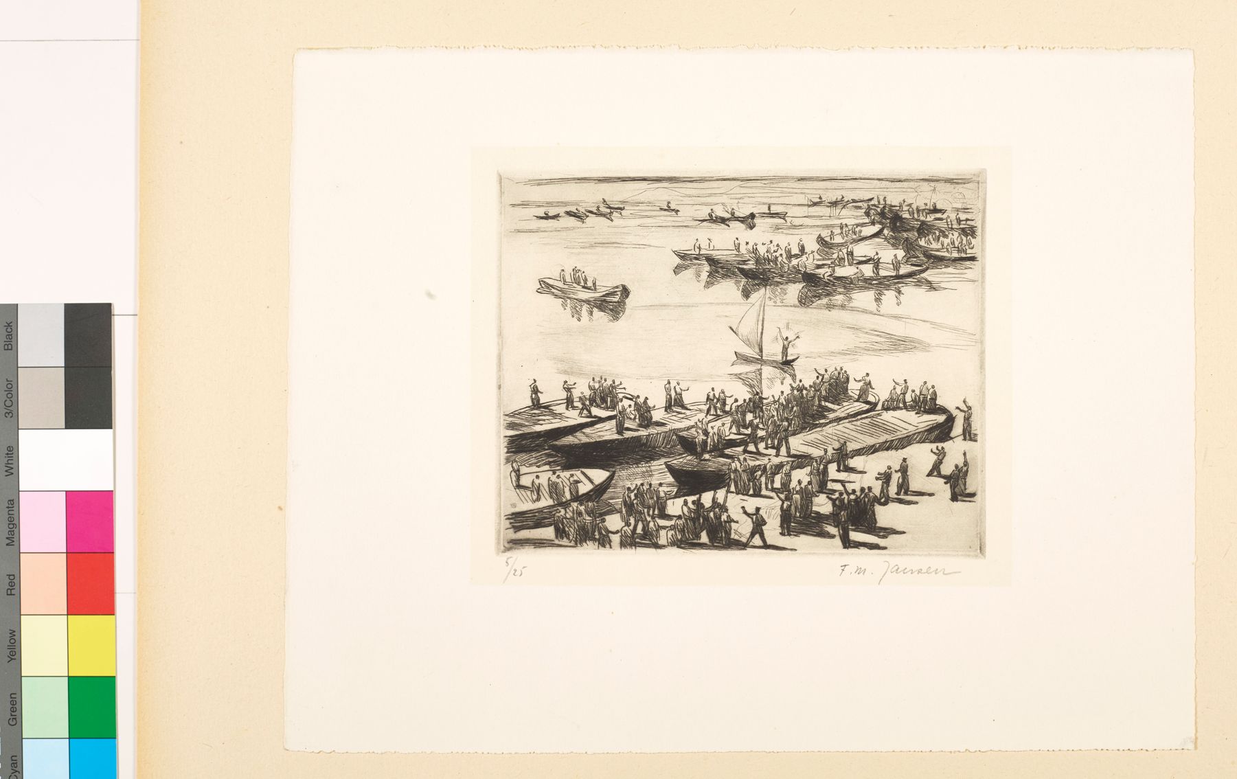 Zeichnung. Ein Hafen mit Booten und Schiffen und einer Menschenmenge. In der Mitte ist ein Boot mit einer stehenden Person.