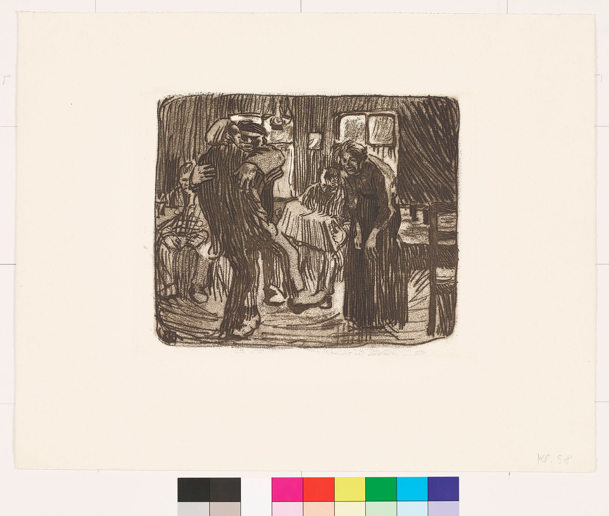 In einer düsteren Kneipe tanzen zwei Männer miteinander neben einer alten Frau mit gebeugtem Rücken. Ein im Hintergrund sitzender Mann spielt die Zieharmonika. Das Bild ist von einem Duktus von kräftigen senkrechten Linien geprägt.