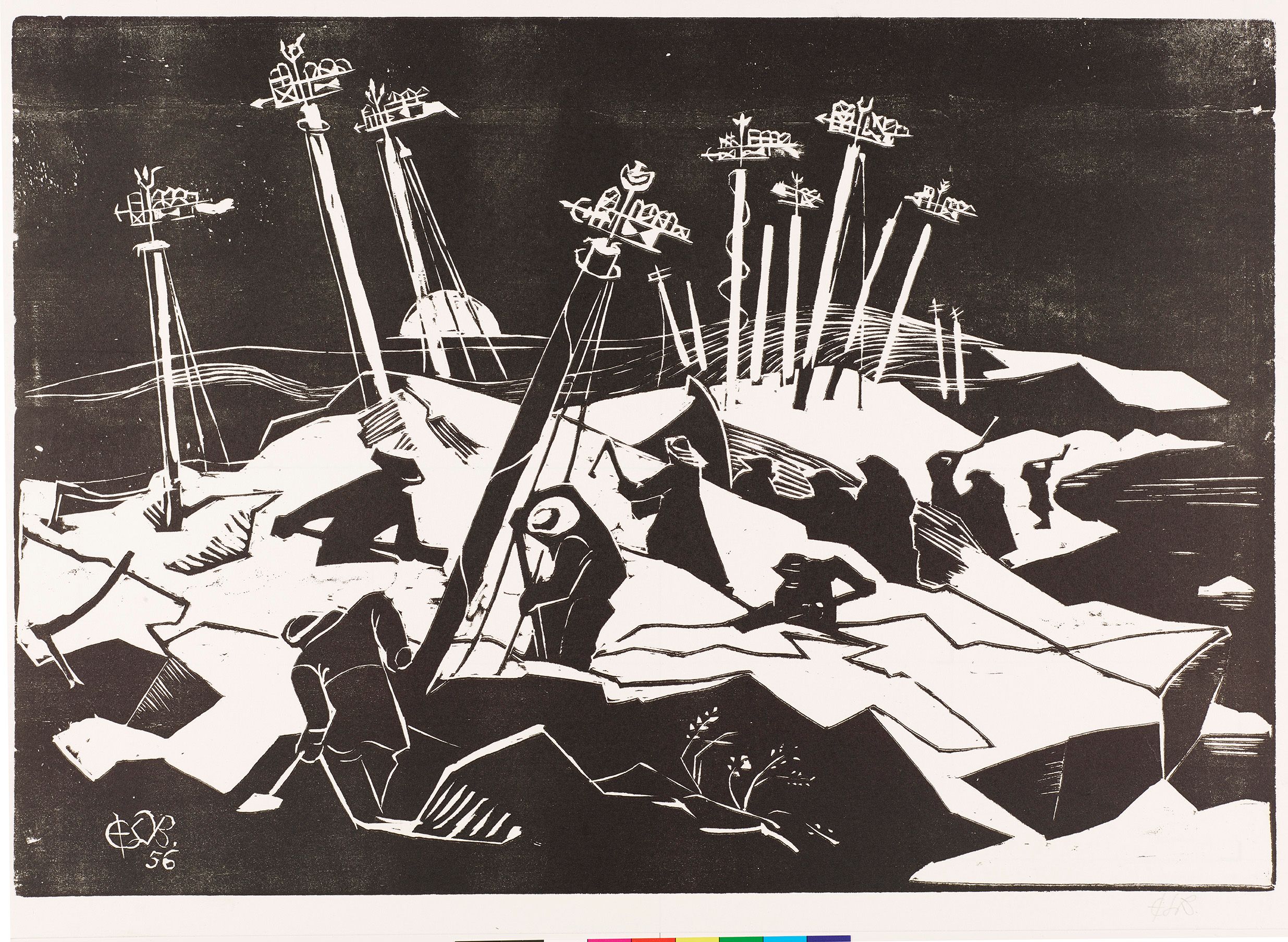 Abstraktes Bildmotiv. Schiffsmasten im Sand. Männer mit Schaufeln, die sie ausgraben.