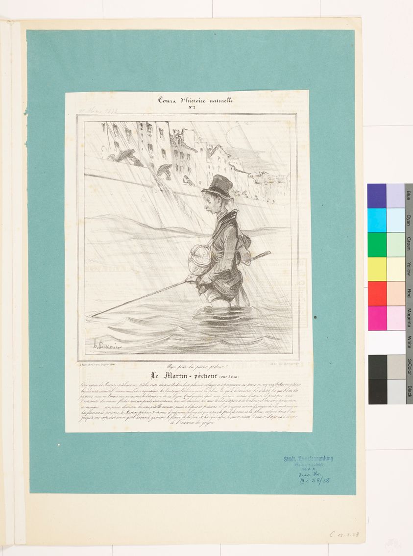 Zeichnung. Ein Mann, der im Kanal angelt. Es regnet. 