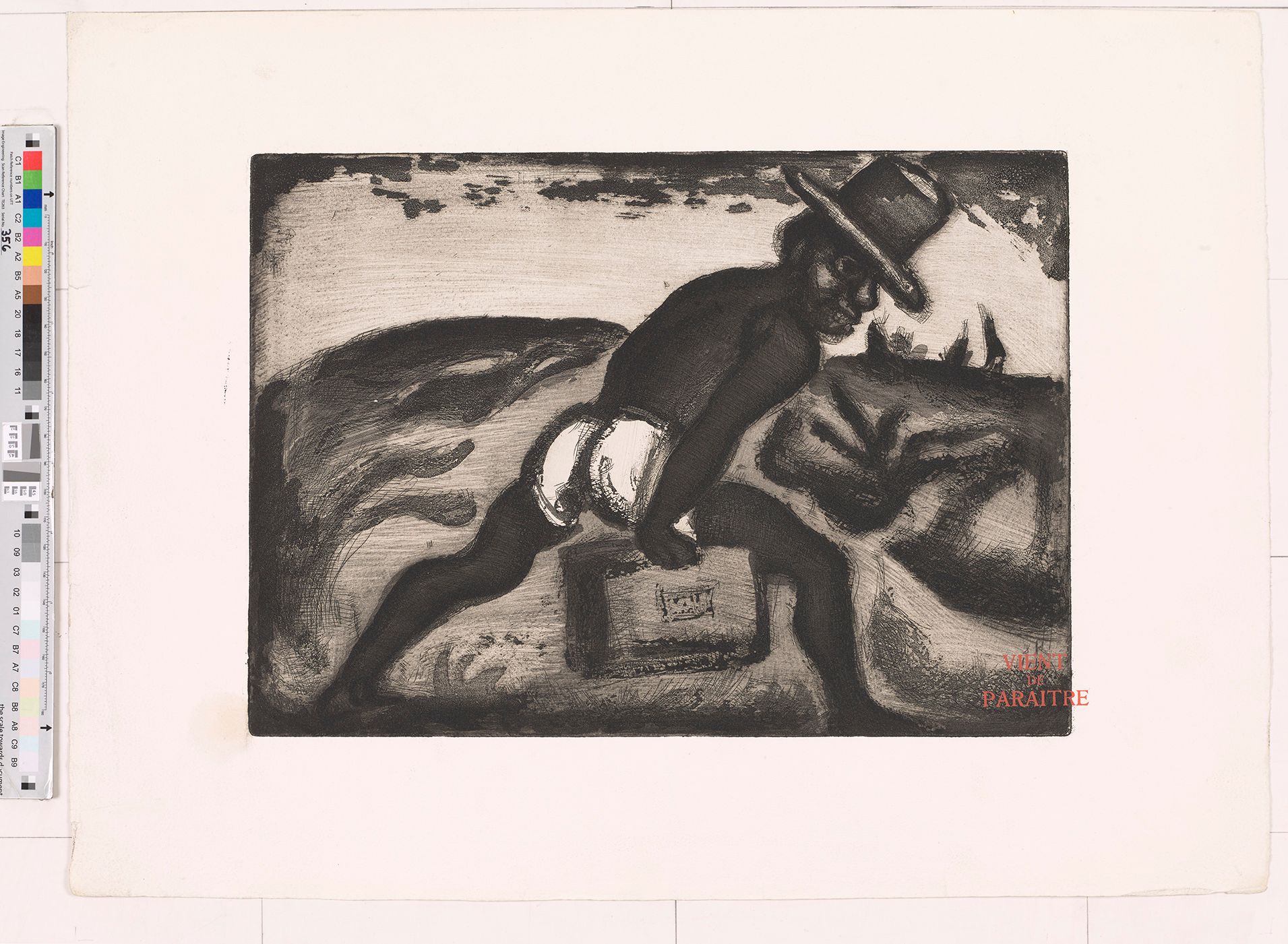 Abstrakte Darstellung eines Mannes mit dunkler Hautfarbe, der einen Hut trägt und läuft. Der Mann hat außerdem nur eine weiße Hose an und ansonsten nichts. Im Hintergrund sind Pflanzen zu erkennen. In der Hand hat der Mann eine Art Koffer oder Tasche. 