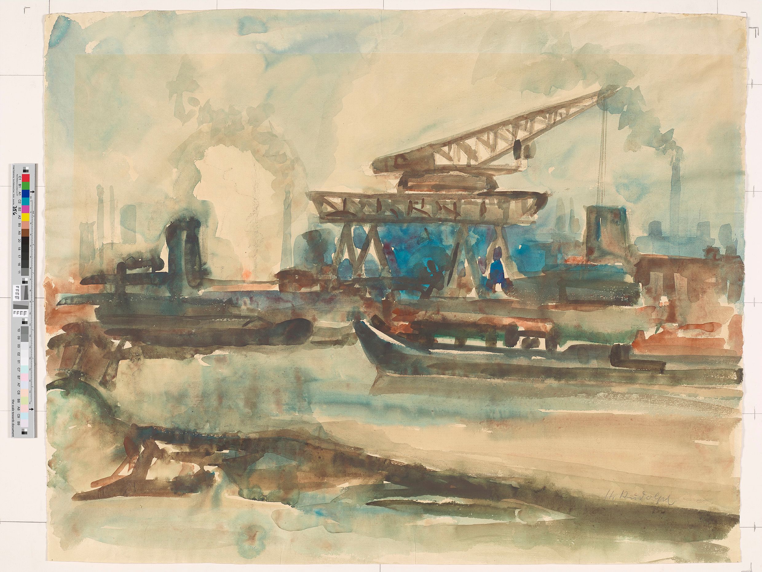 Aquarell. Abbildung eines Industriehafens. Im Vordergrund sind Schiffe zu erkennen. Im Hintergrund steht ein Kran und mehrere Industriegebäude. 